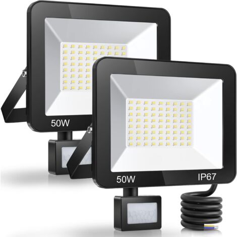Proiettore LED da esterno 50W con sensore di movimento 2 pezzi, Faretto LED impermeabile IP67 con sensore, 5000LM 7000K Illuminazione esterna bianco freddo, Lampada da esterno per ingresso terrazza gi