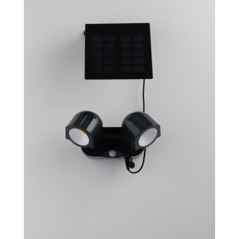 "Proiettore LED SHIVA con ricarica solare o a pile con due diffusori orientabili. sensore di movimento integrato e base easy-up"