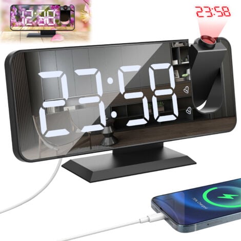 Proiettore Sveglia Illuminato con Orologio Digitale, con Doppio Allarme e Schermo a Specchio LED, 7 Pulsanti, con Modalità Snooze, 4 Livelli di Luminosità, 12/24 Ore, per Casa, Ufficio