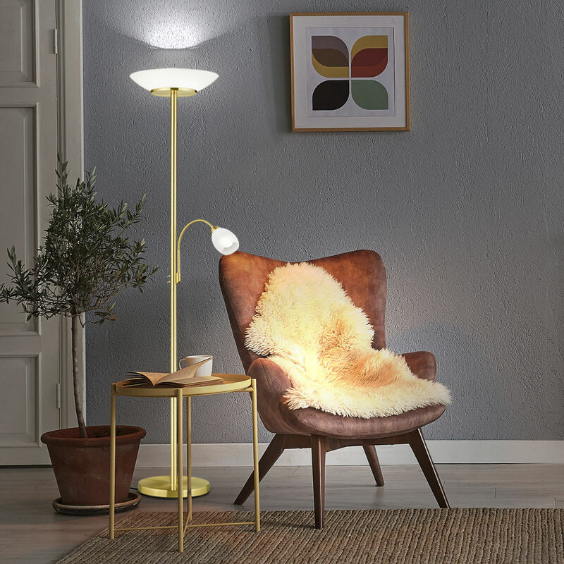 Image of Proiettore a soffitto in ottone lampada da terra in vetro bianco illuminazione soggiorno in un set con lampadine a led