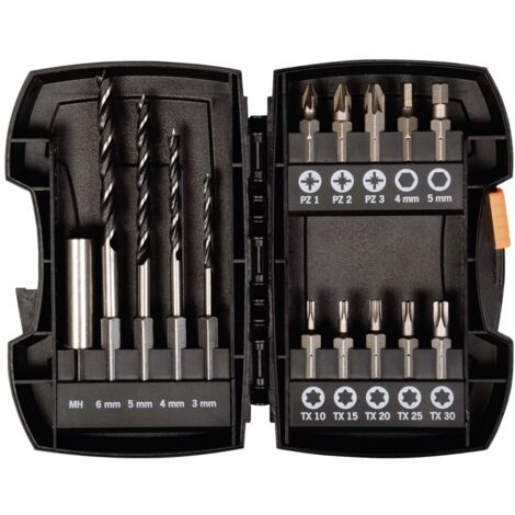 Projahn Bohrer Bit Box 15-tlg. Holzbohrer mit E 6.3 Schaft Ø 3, 4, 5, 6 mm Bits: PZ, TX