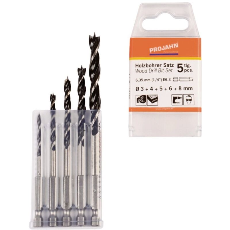 Projahn Holzspiralbohrer Satz 6-kant Schaft E6.3 5-tlg. (3, 4, 5, 6, 8 Mm)