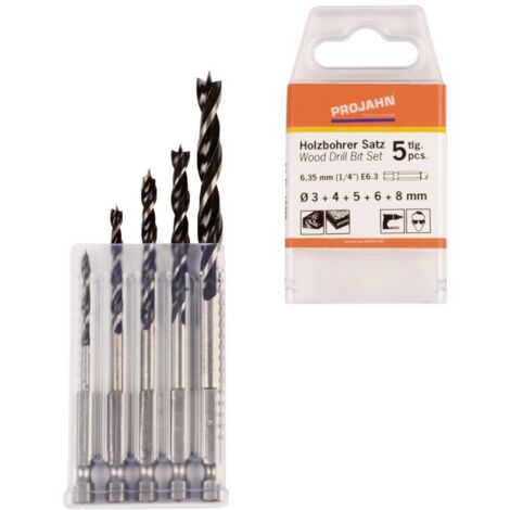 Projahn Holzspiralbohrer Satz 6-kant Schaft E6.3 5-tlg. (3, 4, 5, 6, 8 mm)