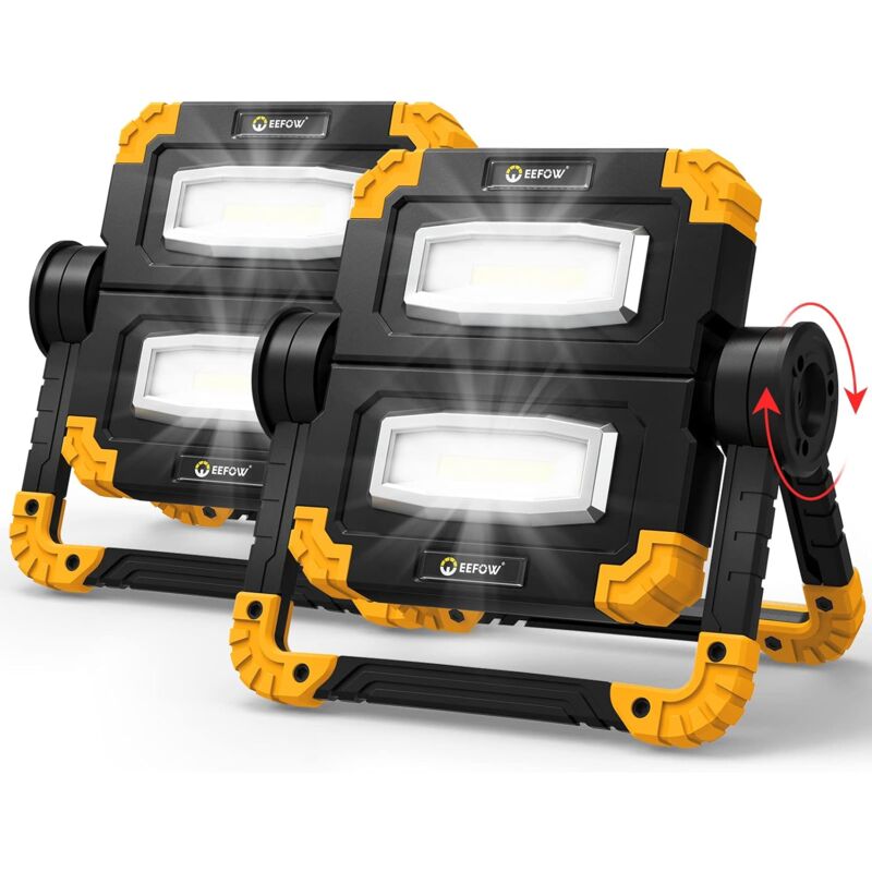 Projecteur Chantier Rechargeable Lampe : 20W LED Spot Portable Lumière de Travail, 2 COB 2000 Lumens USB Sans Fil Rotation à 360° Baladeuse Éclairage
