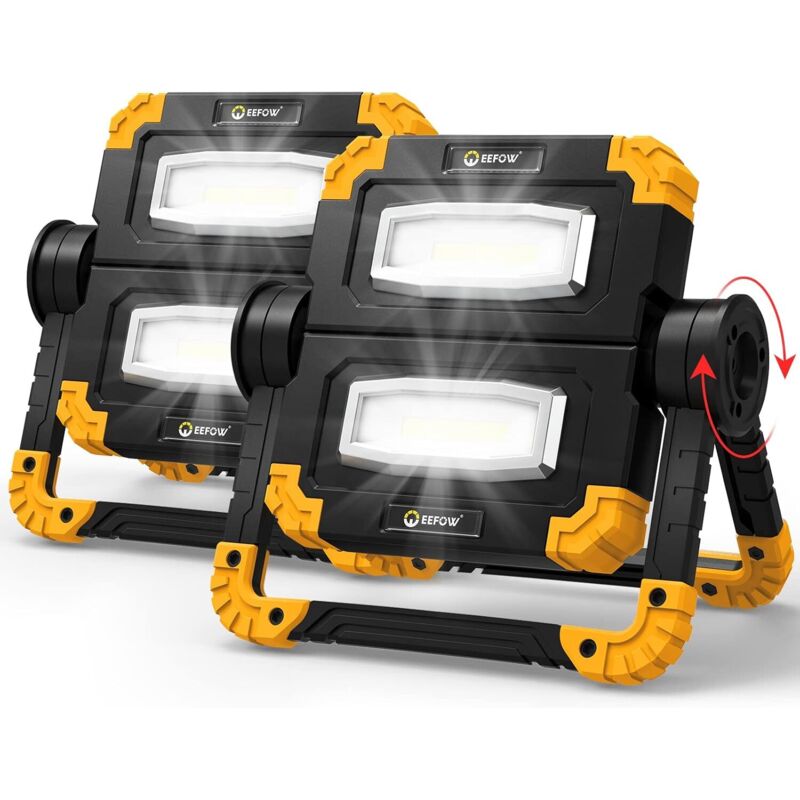 Projecteur Chantier Rechargeable Lampe : 20W LED Spot Portable Lumière de Travail, 2 COB 2000 Lumens USB Sans Fil Rotation à 360° Baladeuse Éclairage