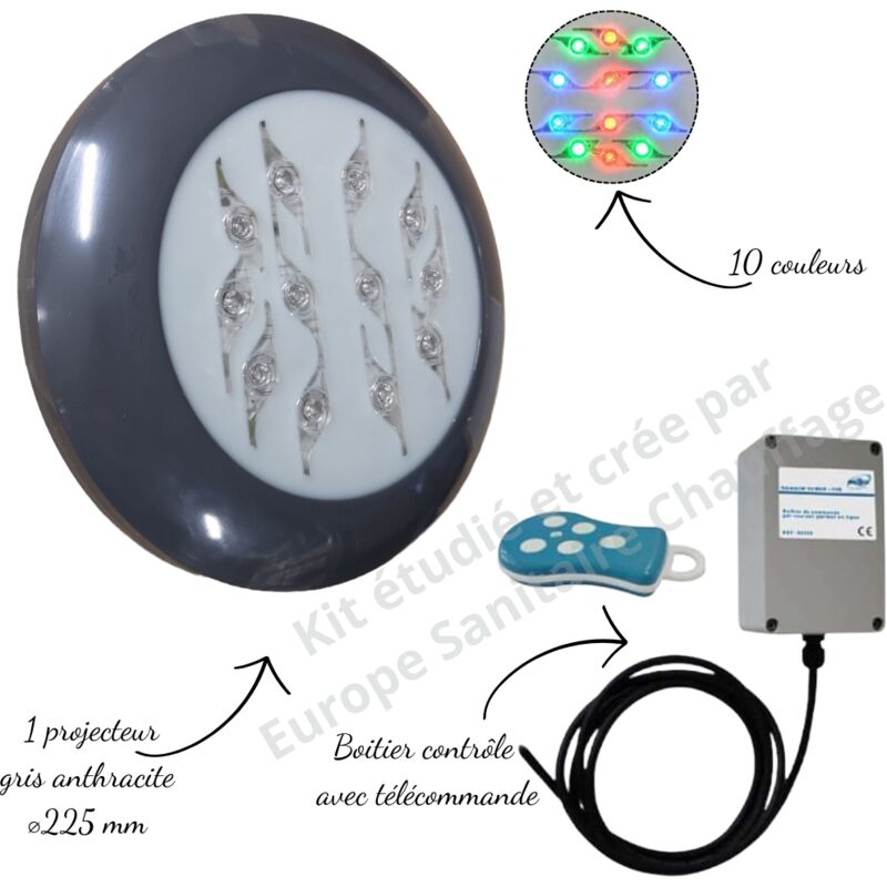 projecteur couleur easyled evo gris anthracite + télécommande avec boitier pour piscine béton, panneau, liner,coque weltico