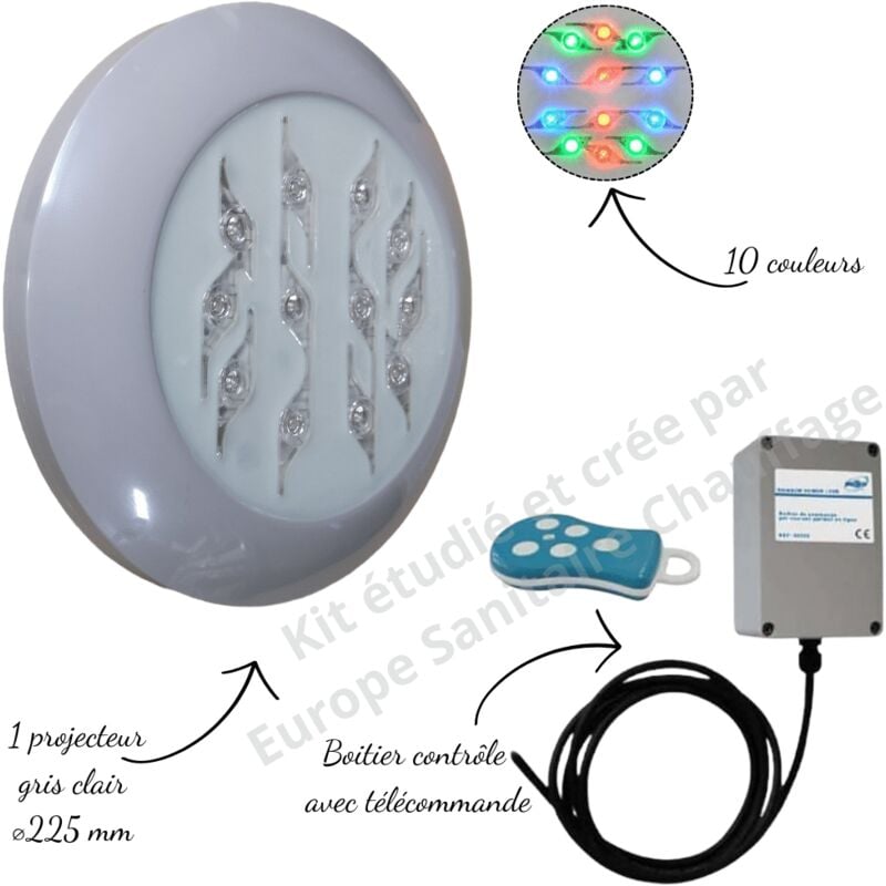 Projecteur couleur Easyled Evo gris clair + télécommande avec boitier pour piscine Béton, Panneau, Liner,Coque Weltico