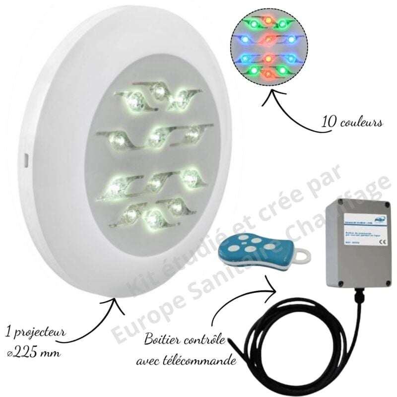 Projecteur couleur Easyled Evo + télécommande avec boitier pour piscine Béton, Panneau, Liner,Coque Weltico