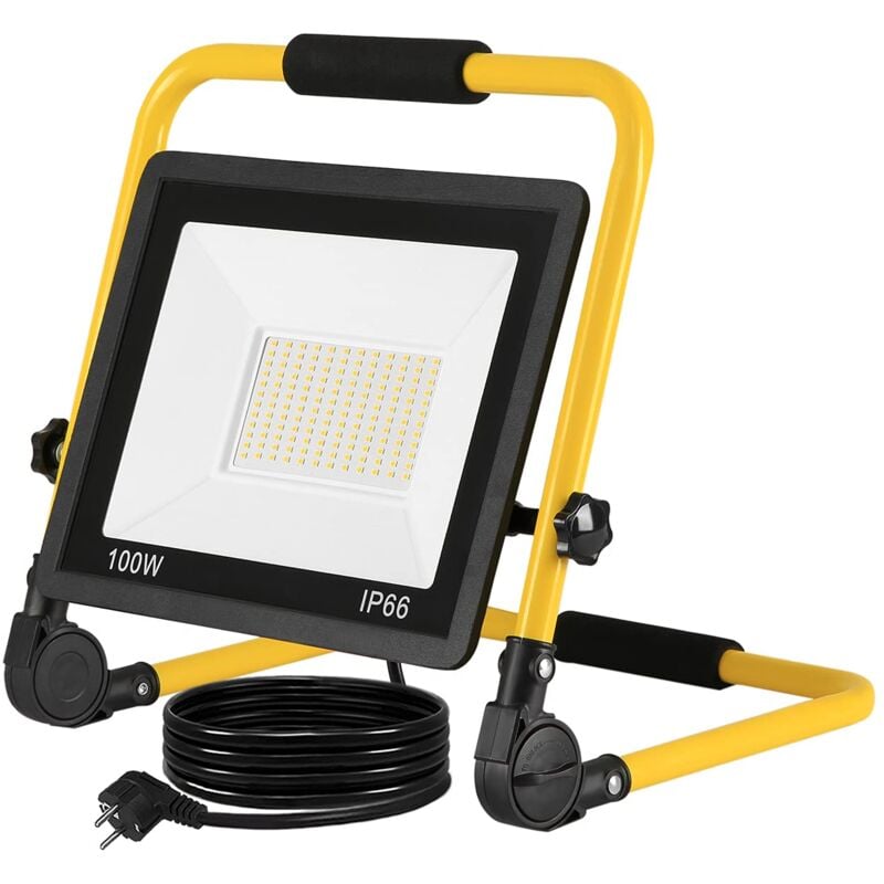 Projecteur de Chantier à LED Lampe de Travail Floodlight avec IP66 Étanche, Câble 3M et Support Pliable - Blanc Chaud 100W NAIZY