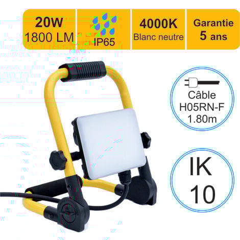 LUTECE-ARC Projecteur de chantier LED 20W 1800 LM IP65 4000K câble 1,8M - garantie 5 ans