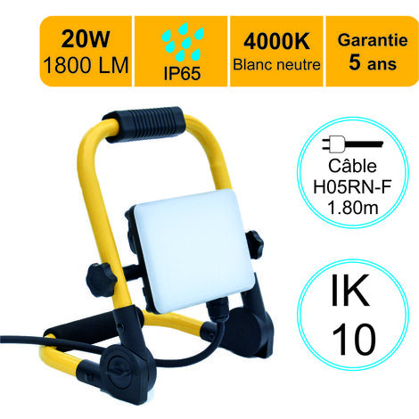 Lutece-Arc – Projecteur portatif LED 20W 2000 lumens IP65 4000K – Câble 1,8M – Pour chantiers et camping – Aluminium résistant aux intempéries