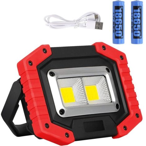 Projecteur de Chantier LED, 30W Lampe de Chantier Rechargeable par USB Super Clair Étanche IP65 2000LM Projecteur LED Rechargeable Avec Support pour Le Camping, La Pêche, l'atelier, le Chantier [Class