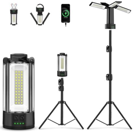 Projecteur de Chantier LED Rechargeable avec Trépied, Multiples Modes Lampe de Travail Réglable, 10400 mAh Lampe de Camping à 4 Têtes, Projecteur sur pied Pour Chantier, Garage, Camping(Noir)