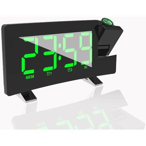 Projecteur de Plafond à Projection Murale Projecteur numérique Radio-réveil Radio-réveil FM 7.1Grand écran incurvé LED Horloge de Bureau/Tablette numérique Chargement USB (Affichage Vert)