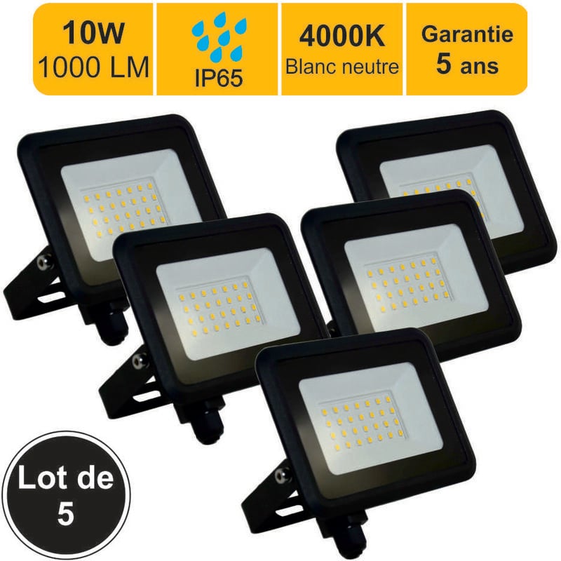 Lot de 5 projecteurs led 10W 1000 lm 4000K IP65 connexion en direct - garantie 5 ans