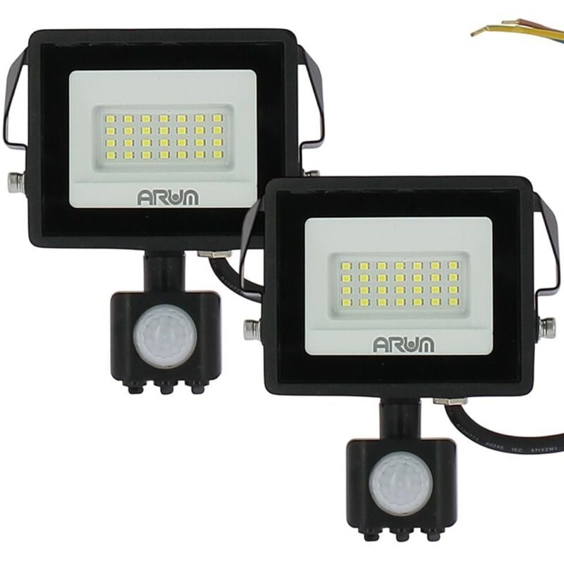 Lot de 2 Projecteurs led 20W Noir détecteur de mouvement IP44 Température de Couleur: Blanc Froid 6000K