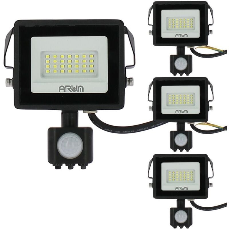Lot de 4 Projecteurs led 20W Noir détecteur de mouvement IP44 Température de Couleur: Blanc Froid 6000K