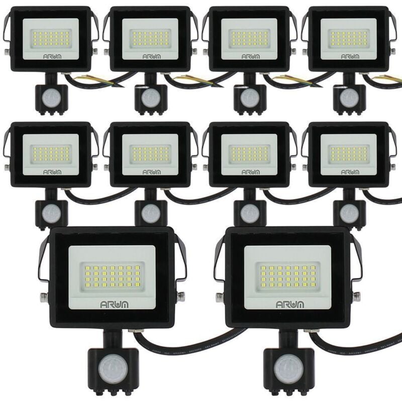 Lot de 10 Projecteurs led 20W Noir détecteur de mouvement IP44 Température de Couleur: Blanc Froid 6000K