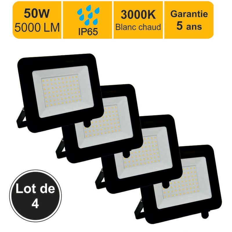 Lot 4 projecteurs led 50W 5000 lm 3000K IP65 connexion en direct - garantie 5 ans