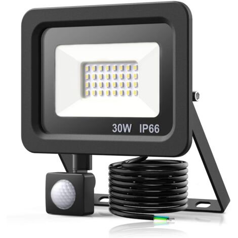 Projecteur LED à capteur de mouvement 30W, projecteur LED à capteur de mouvement extérieur 2400LM, projecteur LED extérieur étanche IP66 6500K avec câble de 1,5 m pour jardin, cour, cour, maison