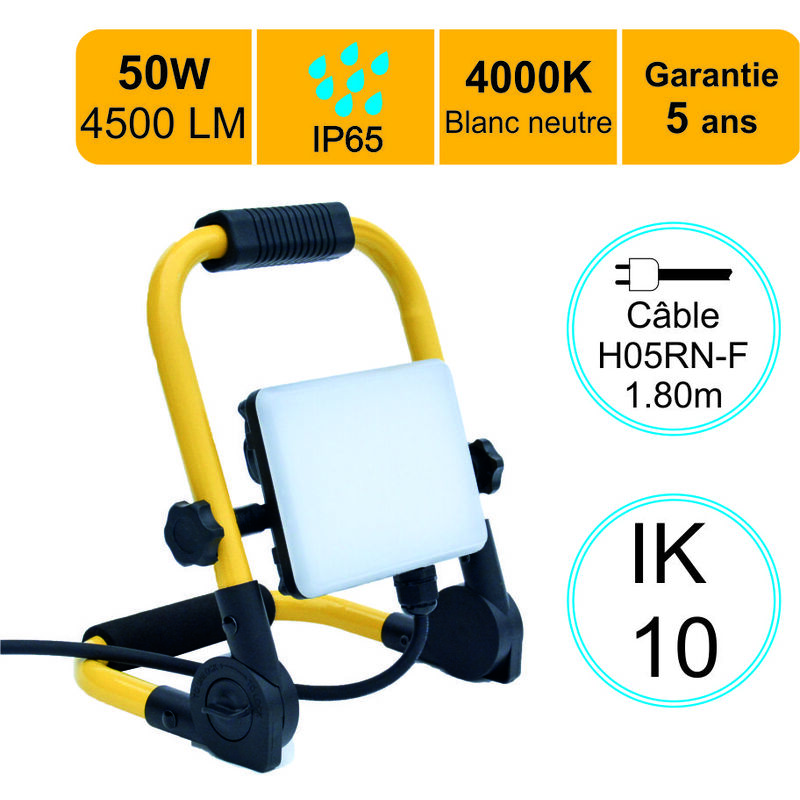 Lutece-arc - Projecteur de chantier led 50W 4500 lm IP65 4000K câble 1,8M - garantie 5 ans