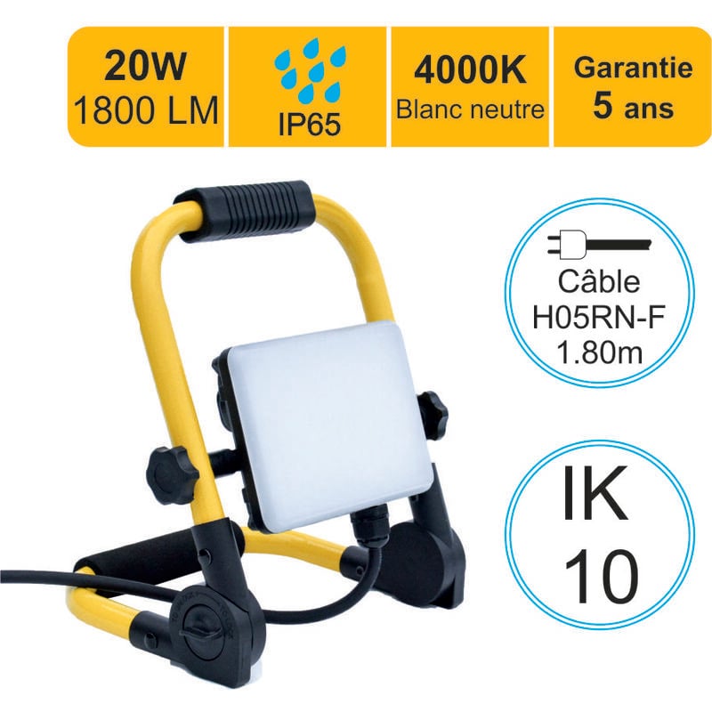 Lutece-arc - Projecteur de chantier led 20W 1800 lm IP65 4000K câble 1,8M - garantie 5 ans
