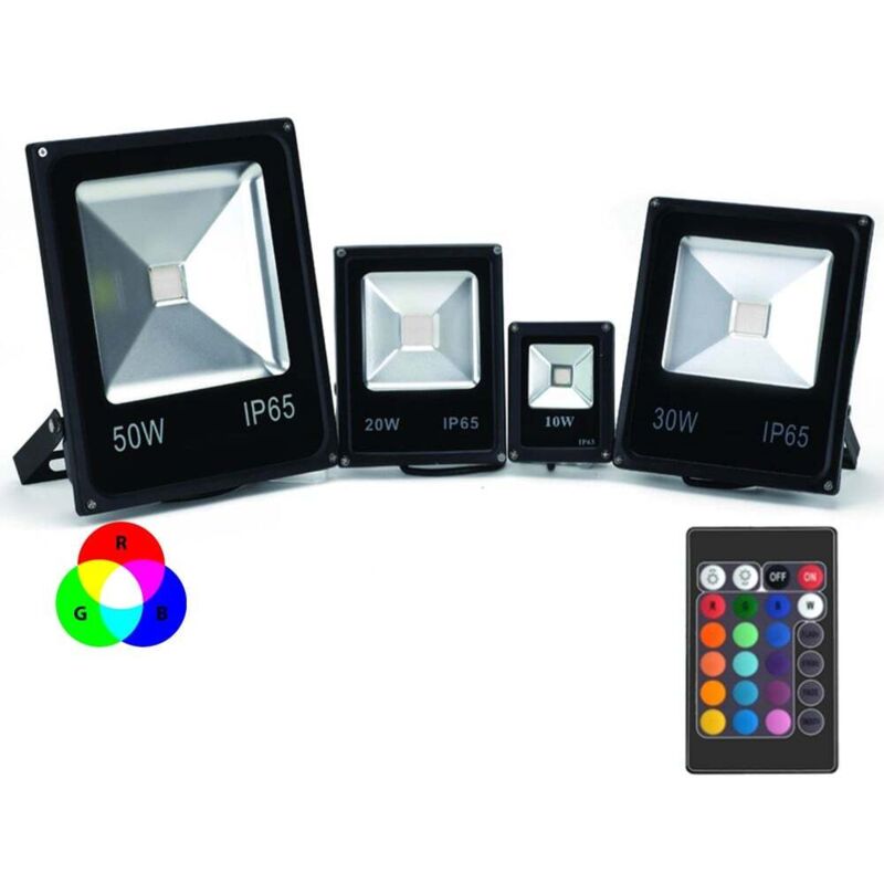 Sysled – Projecteur LED RGB extra plat 10W – Télécommande incluse – Angle de diffusion 120° – Luminosité ajustable pour intérieur/extérieur