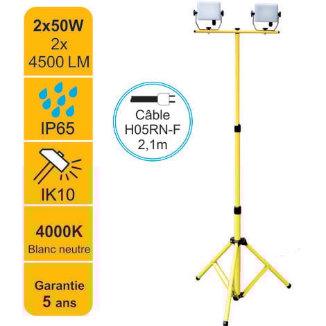 Projecteur LED de chantier 2x50W 2x4500lm 4000K avec trépied ajustable - garantie 5 ans