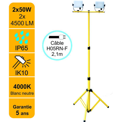 Lutece-Arc – Projecteur LED de chantier 2x50W 2x4500lm 4000K étanche IP65 avec trépied ajustable – Résistance aux chocs IK10 – Garantie 5 ans
