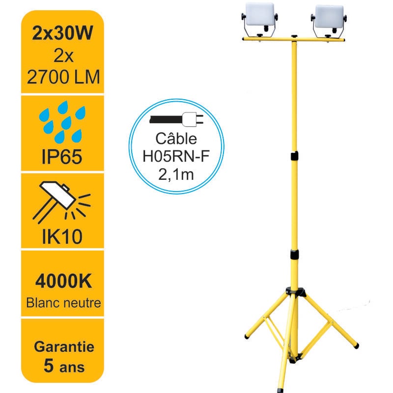 Projecteur led de chantier 2x30W 2x2700lm 4000K avec trépied ajustable - garantie 5 ans