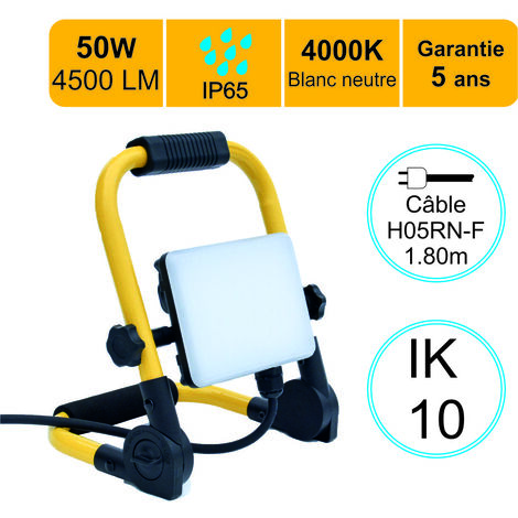 Lutece-Arc – Projecteur de chantier LED 50W 4500 lumens IP65 4000K – Étanche et résistant aux chocs – Câble 1,8 m – Garantie 5 ans