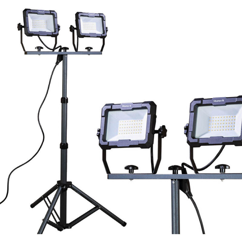 Tibelec - Projecteur led de chantier filaire sur pied télescopique 2x50W, 2x4100 lumens, IP65, IK07, 4000K, garantie 3 ans