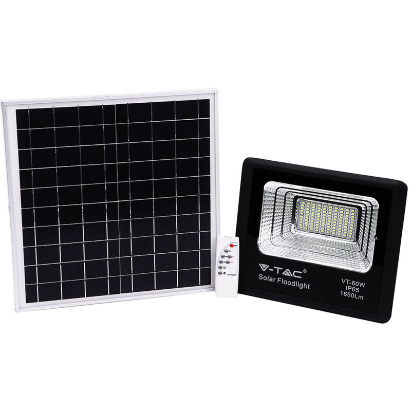 Projecteur led v-tac avec télécommande, panneau solaire 20 w, LiFePO4, minuterie, câble 5 m, blanc froid, noir, IP65