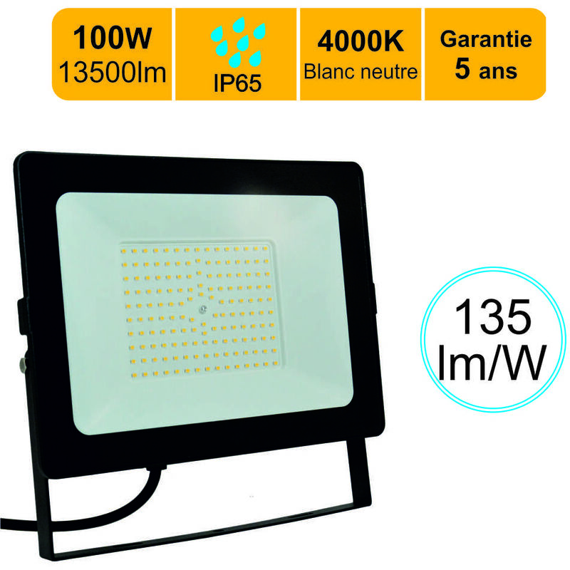 Projecteur led pro haute puissance 100W 13500lm 135lm/W 4000K IP65 - câble 1M - garantie 5 ans