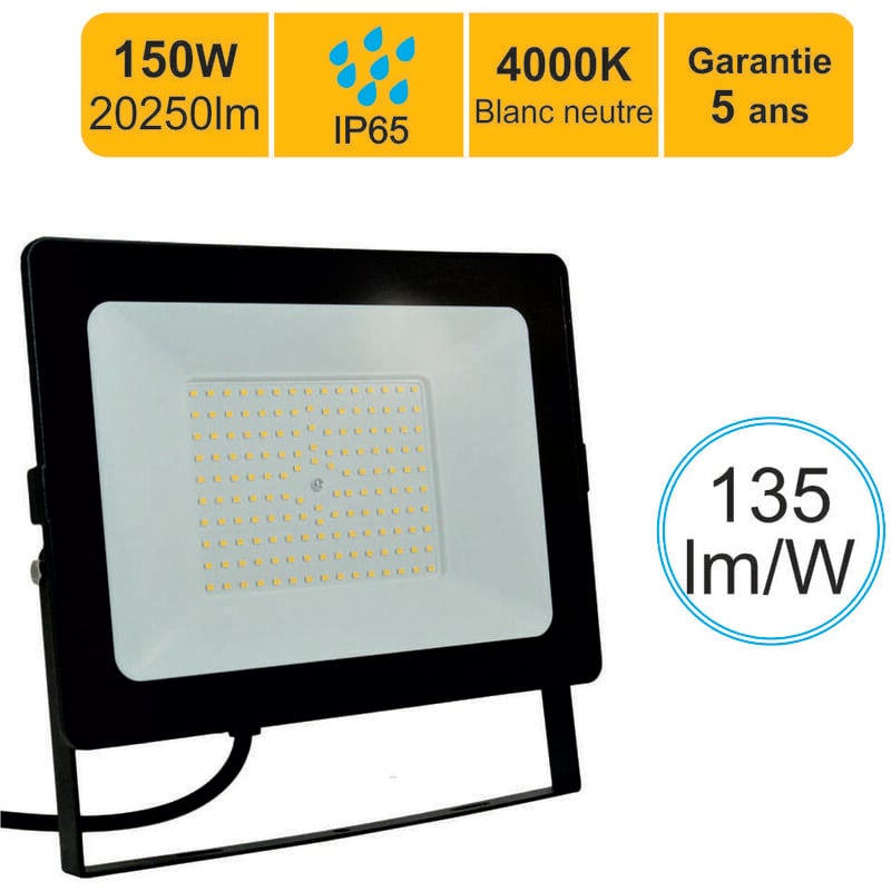 Projecteur led pro haute puissance 150W 20250lm 135lm/W 4000K IP65 - câble 1M - garantie 5 ans