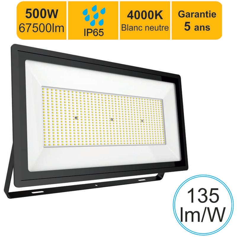 Projecteur LED pro haute puissance 500W 67500lm 135lm/W 4000K IP65 - câble 1M - garantie 5 ans