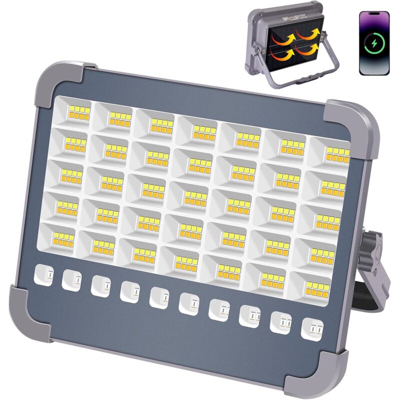 Projecteur LED rechargeable 100 W, 10 000 lm, avec panneau solaire, 5 modes d'éclairage, batterie externe 6 000 mAh, idéal pour le camping, la pêche