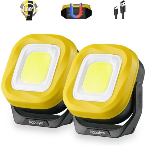 Projecteur LED Rechargeable, 1000LM Projecteur LED Chantier Portable avec Base Magnétique à 180°，4 Modes 2000mAh Lampe de Travail Pour Camping, Chantier, Garage, Atelier (2 Pièce)