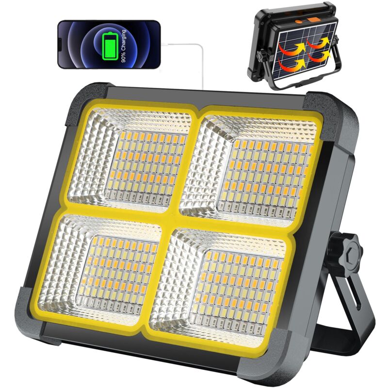 Projecteur LED Rechargeable 100W, Projecteur Chantier Rechargeable 336 LEDs/Panneau Solaire/ 4 Modes d'éclairage/Batterie Externe 12000mAh/