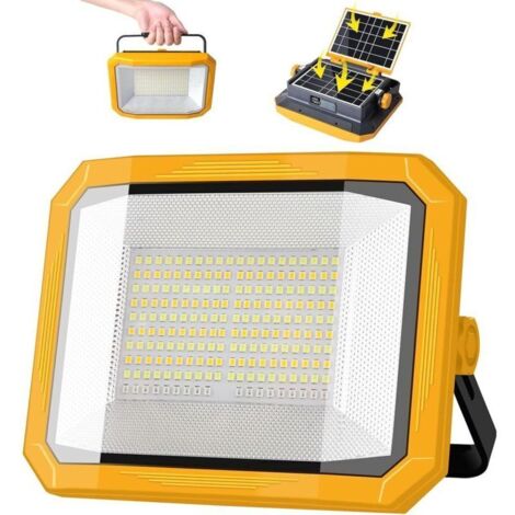 Projecteur LED Rechargeable 100W, Projecteur LED Chantier Portable 12000LM Super Lumineux avec 2 Panneau Solaire, 4 Modes d'éclairage pour Site de Construction, Camping, Atelier