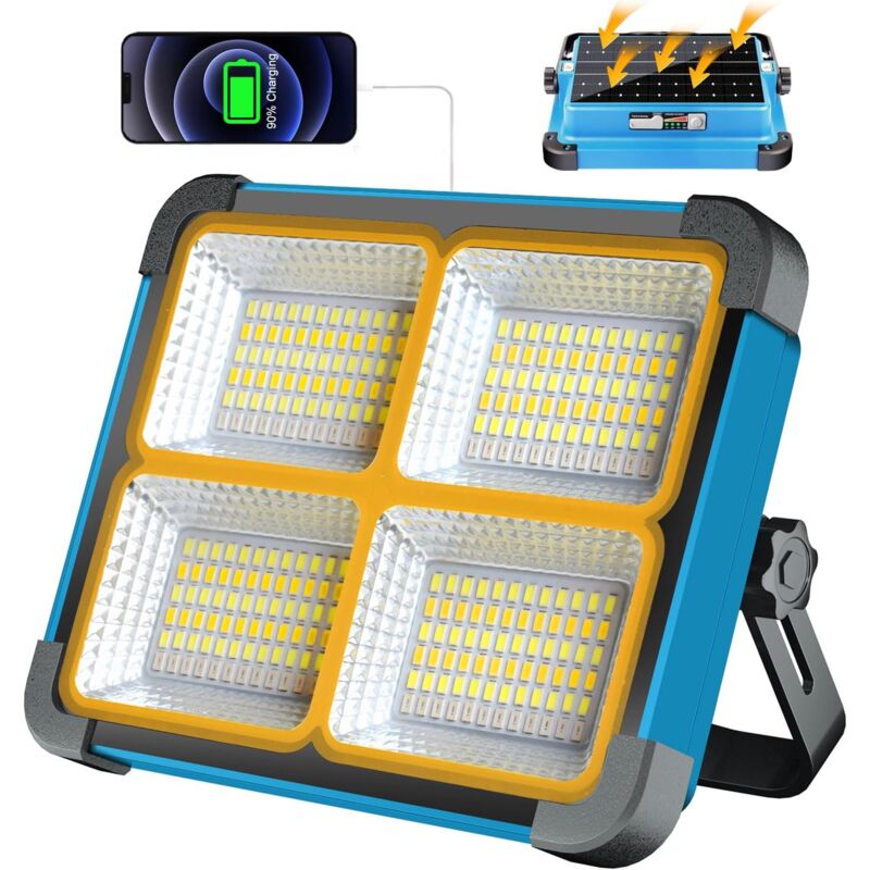 Projecteur LED Rechargeable 100W, Projecteur LED Chantier Portable Batterie 10000mAh, Lampe de Travail 288 LEDs 5 Modes d'éclairage, Panneau Solaire,