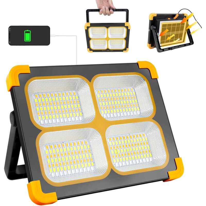 Projecteur LED Rechargeable, 120W 10000LM Lampe Chantier, Lumière de Travail Portable avec Panneau Solaire, 348 LEDs 4 Modes d'éclairage, Absorption