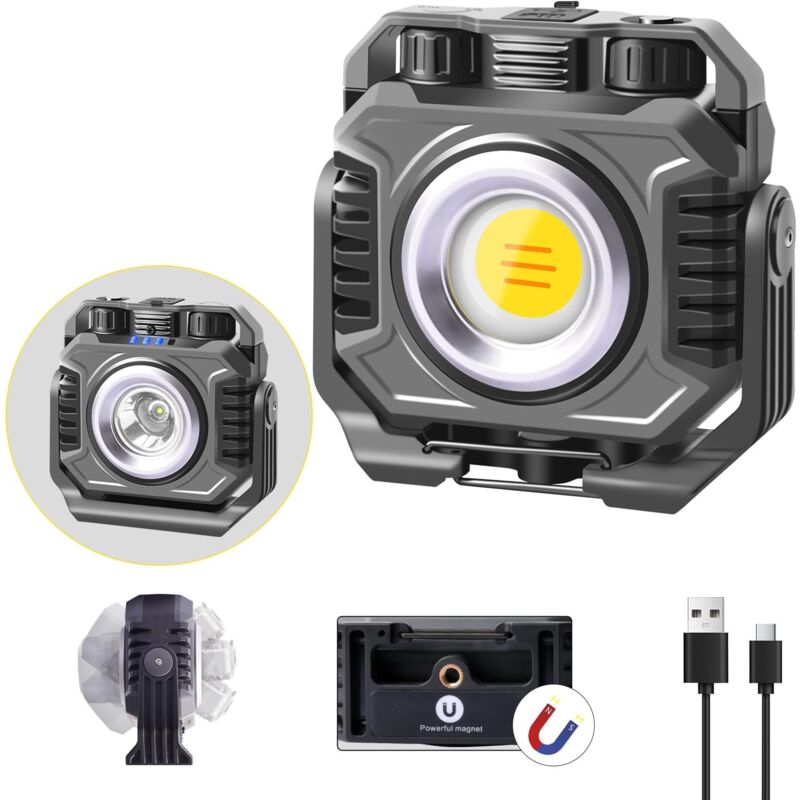 Projecteur LED Rechargeable, 2100LM Projecteur LED Chantier COB Absorption d'aimant et Rotatif à 360°, 6 Modes d'Éclairage 5000mAh Lampe de Travail
