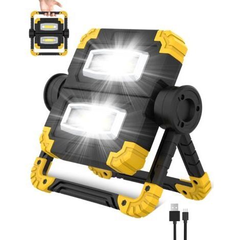Projecteur Led Rechargeable, 3 Modes D'éclairage 2 COB Projecteur Led Portable Étanche, Rotation à 360° 1400LM lampe de chantier pour Chantier de Construction, Garage, Camping, Urgence [Classe énergét