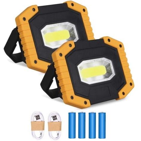 Projecteur LED Rechargeable 30W 2000LM Projecteur Chantier Lumière de Travail avec 4X 18650 Batterie 3 Modes Lanterne Portable Projecteur LED USB pour Camping, Chantier, Garage, Atelier(2 pack)