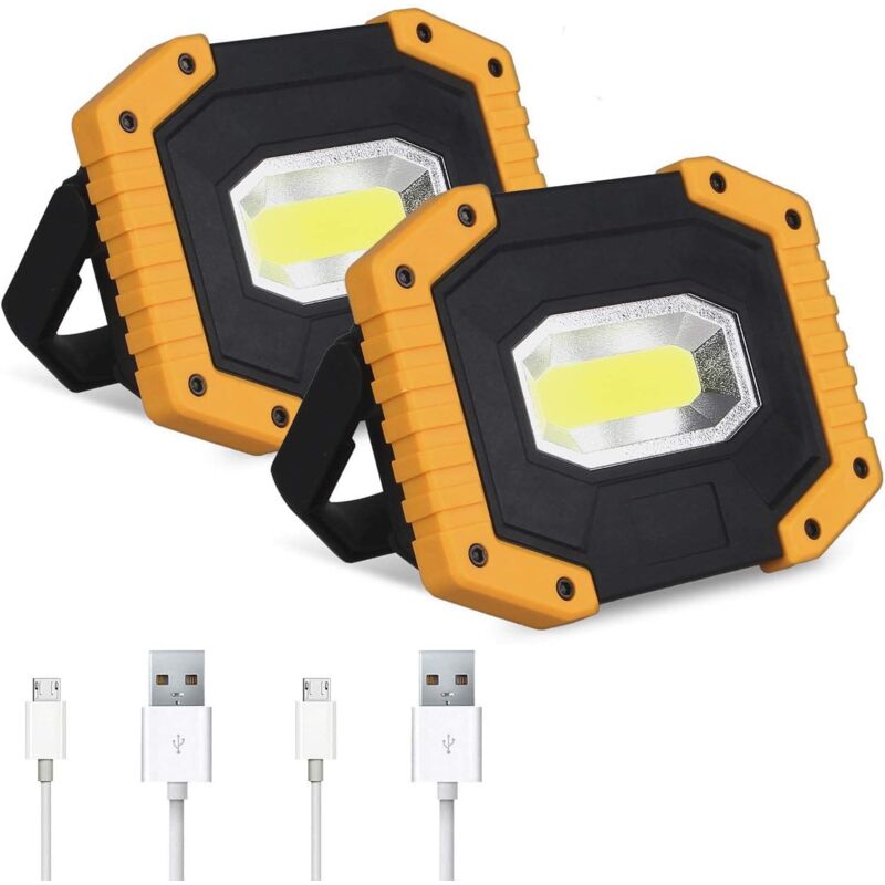 Lot de 2 lampes de travail à led rechargeables, cob 30 w 2000 lm, lampe de travail à led portable, pour camping en plein air, randonnée, réparation