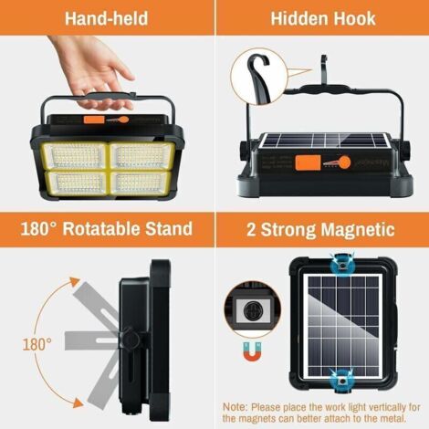 Projecteur LED Rechargeable 336 LEDs/ 100W/ Panneau Solaire/ 4 Modes d'éclairage/ Batterie Externe 12000mAh/ Absorption d'aimant, Idéal pour Camping, Travail, Pêche, Couleur Noire [Classe énergéti