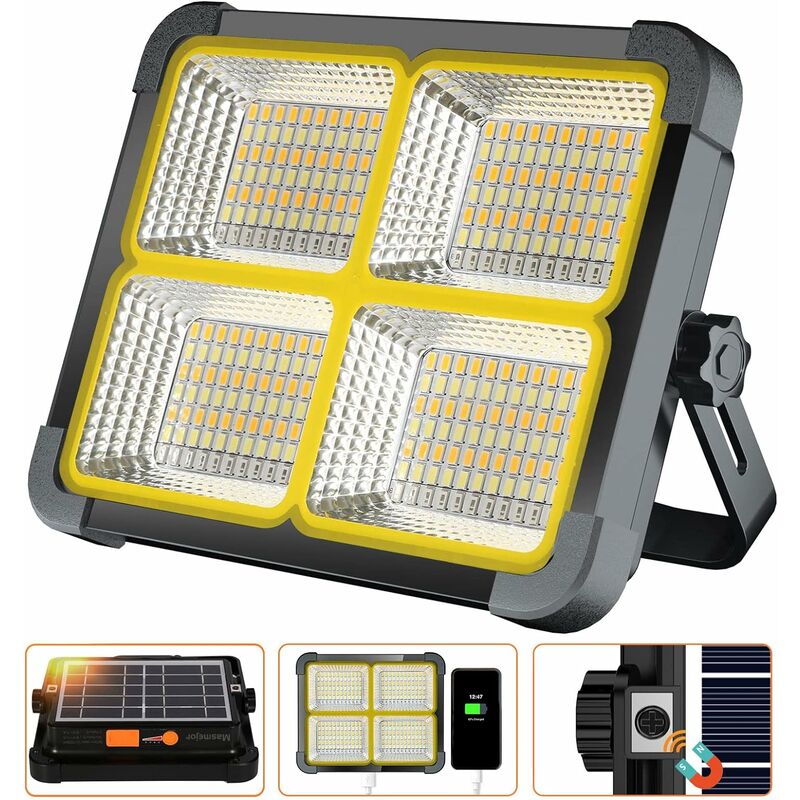 XVX Projecteur LED Rechargeable 336 LEDs/ 100W/ Panneau Solaire/ 4 Modes d'éclairage/ Batterie Externe 12000mAh/ Absorption d'aimant, Idéal pour