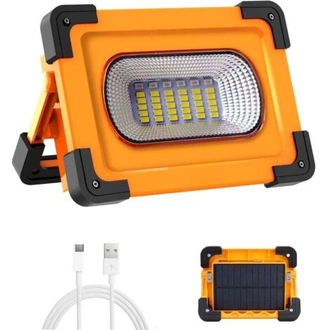 Projecteur LED Rechargeable, 60W 4 Modes Projecteur LED Chantier, 3000 Lumens Lampe de Travail Portable avec Batterie Rechargeable & Panneau Solaire, Lumière d'Urgence, pour Camping, Bricolage