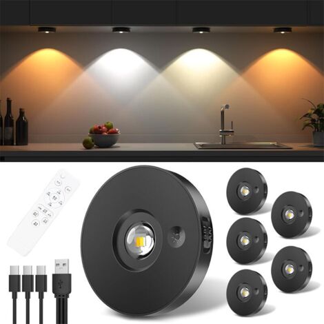 Projecteur LED rechargeable par USB, éclairage de sous-unité, lumières d'armoire LED avec télécommande, lumières d'armoire d'affichage LED sans fil avec minuterie (paquet de 6)